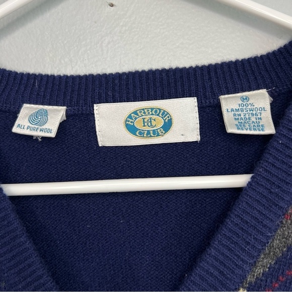 Harbour Club Mens Lambswool V Neck Argyle Plaid Sweater Sz M Blue Classic Preppy - Picture 4 of 10